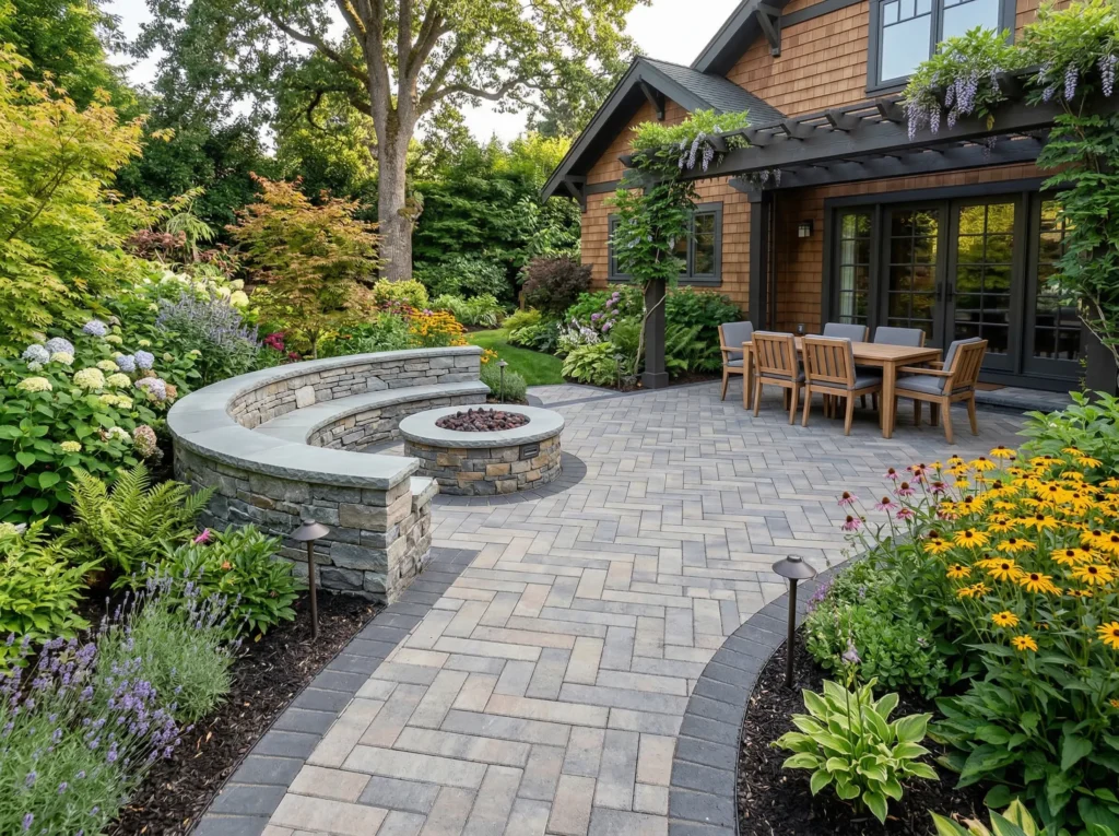 Stone curved seating wall with a circular fire pit on a stone patio in a lush garden next to a wooden house with a black pergola and purple flowering vines