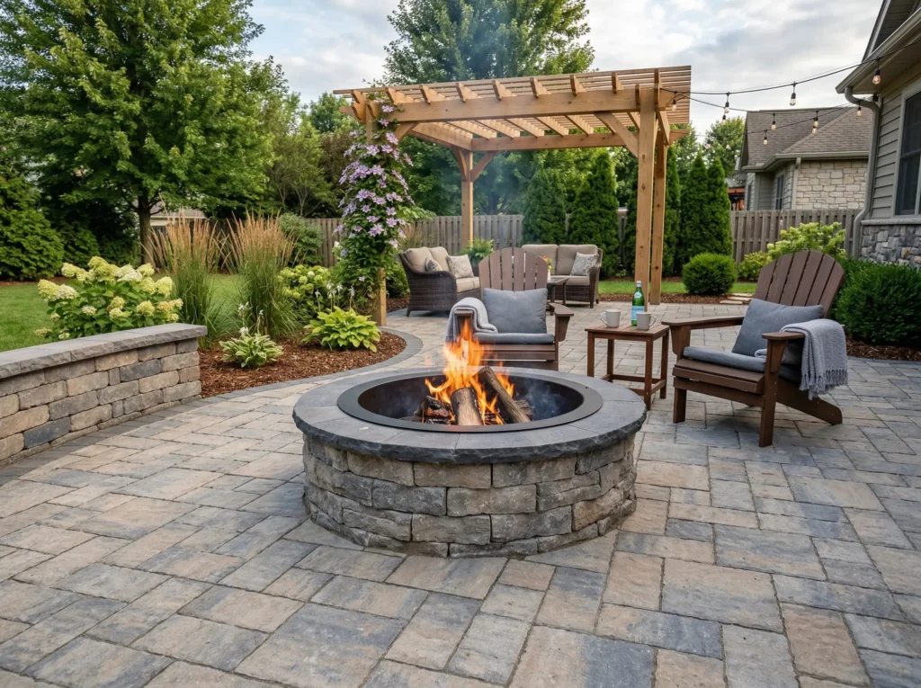 Wood pergola over a paved seating area with a circular stone fire pit and glowing fire in the center